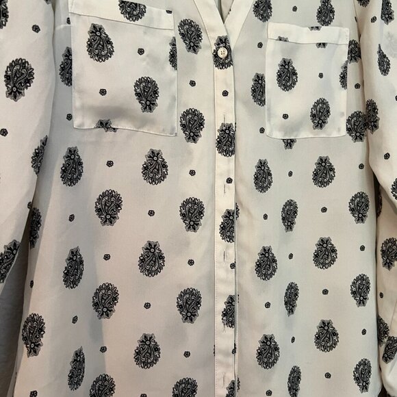 Express Top White w Black Print Portofino Sheer Button‎ Long Sleeve Career Sz SP - Picture 4 of 10